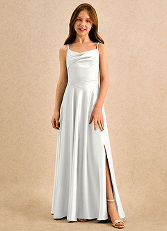 Azazie Coconut Girls Formal Vestidos de florista Vestido Branco de Cetim elástico de Linha A com Plissado image4
