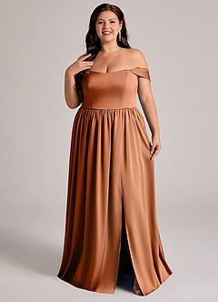 Azazie Calianna Bridesmaid Dresses Copper A-Line Off the Shoulder Stretch Satin Convertible Dress image3