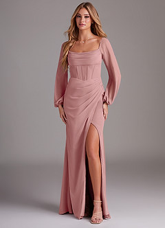 Azazie Charissa Brautjungfernkleider Etui Langarm Chiffon Kleid Altrosa image1