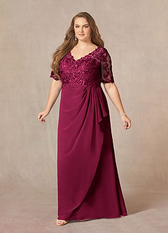 Azazie Amedeus vestidos de madre de la novia Vestido Borgoña de Gasa de Corte en A con Encaje cuello pico image8