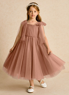 Azazie Dori Flower Girl Dresses Bronzer A-Line Ruched Tulle Dress image2