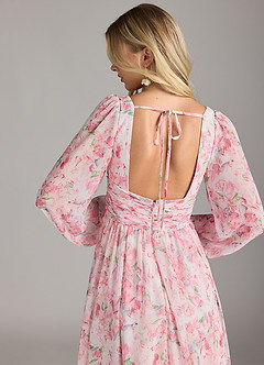 Azazie Norah Bridesmaid Dresses Abstract Watercolor Floral A-Line V-Neck Long Sleeve Chiffon Dress image7