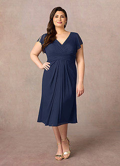 Azazie Vera Mother of the Bride Dresses Dark Navy A-Line V-Neck Pleated Mesh Dress image6