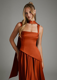 Azazie Stephanie Robes de demoiselle d'honneur Robe Trapèze en Satin extensible Corset Paprika image5