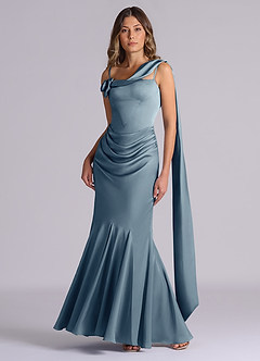 Azazie Inara Bridesmaid Dresses Dusty Blue Mermaid Pleated Stretch Satin Dress image4