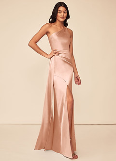 Azazie Maron Bridesmaid Dresses Rose Gold A-Line One Shoulder Stretch Satin Dress image3