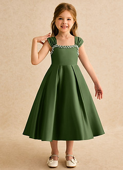 Azazie Yosemite Flower Girl Dresses Olive Ball-Gown Sweetheart Neckline Matte Satin Dress image1