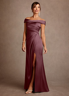 Azazie Bedford Mother of the Bride Dresses Sangria Sheath Pleated Stretch Satin Dress image2