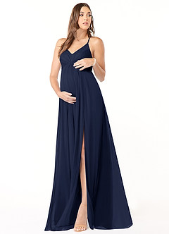 Azazie Annabelle vestidos de dama de honor de maternidad Vestido de Acampanado Cuello en V plisado Largo hasta el piso Malla image1