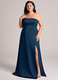Azazie Wren Robes de demoiselle d'honneur Robe Trapèze Convertible en Satin extensible Sans bretelles Bleu Marine Foncé image8