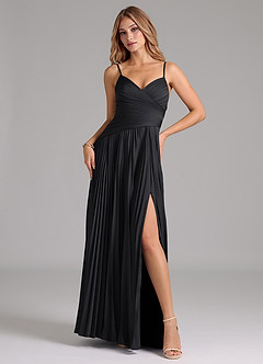 Azazie Vini Bridesmaid Dresses Black A-Line Pleated Stretch Satin Dress image1