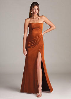 Azazie Leonis Bridesmaid Dresses Burnt Orange Mermaid Strapless Velvet Dress image3