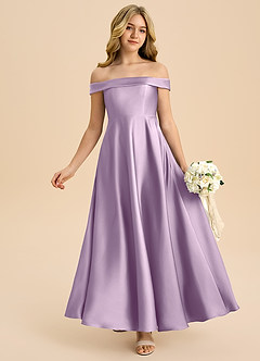 Azazie Sissy Junior Frosted Lilac A-Line Off the Shoulder Stretch Satin Dress image1