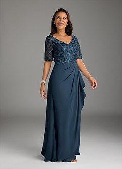 Azazie Amedeus vestidos de madre de la novia Vestido Azul Marino Oscuro de Gasa de Corte en A con Encaje cuello pico image3