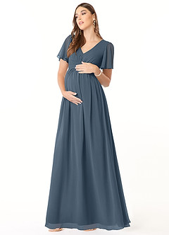 Azazie Verna Robes de demoiselle d'honneur de maternité Robe Trapèze Col V froncé Longueur ras du sol Mousseline de soie image3