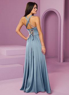 Barbie ♥ Azazie Jurken voor bruidsmeisjes Jurk van Stretch Satijn met A-Lijn met Zakken Stoffig Blauw image2