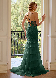 Nerissa Green Sequin Embroidery Tier Tulle High Split V-neck Mermaid Marine Prom Dress image2