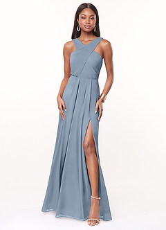 Azazie Brandie Jurken voor bruidsmeisjes Jurk van Rek chiffon met A-Lijn Geplooid Stoffig Blauw image1
