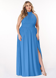 Azazie Iman Vestidos de damas de honor Vestido de Azul Grisaceo de Gasa de Corte en A con Línea A fruncida image11