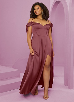 Barbie ♥ Azazie Bridesmaid Dresses Desert Rose A-Line Off the Shoulder Stretch Satin Dress image10