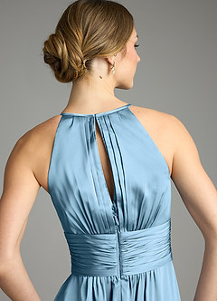 Azazie Bonnie Vestidos de damas de honor Vestido de Azul Acero de Satén Elástico de Corte en A con Plisado image6