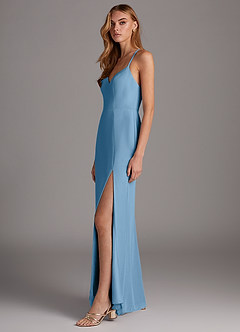 Azazie Manila Bridesmaid Dresses Steel Blue Sheath V-Neck Chiffon Dress image4