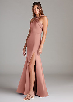 Azazie Rue Bridesmaid Dresses Rosette A-Line Pleated Stretch Satin Dress image5