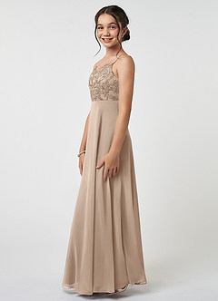 Azazie Sonya Junior Robe Trapèze en Mousseline de soie Dentelle Taupe image3