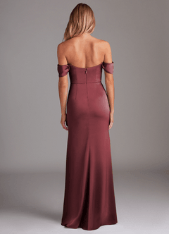 Azazie Saige Bridesmaid Dresses Merlot Sheath Off the Shoulder Stretch Satin Dress image10