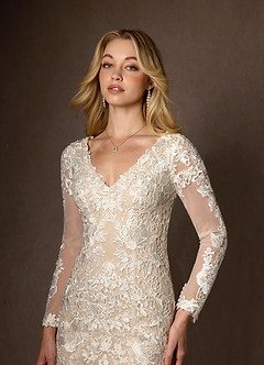 Azazie Dulce Amor Vestidos de novia Vestido de Blanco Diamante Nude de Tul de Corte Sirena con Encaje Cuello V image4