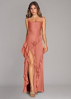 Azazie Sloane Vestidos de damas de honor Vestido de Rosa Salmón de Satén Elástico de Corte en A con Escote de Corazón image1