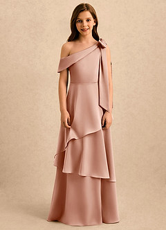 Azazie Shyloh Girls Formal Flower Girl Dresses Rose Gold A-Line Off the Shoulder Stretch Satin Dress image6