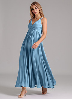 Azazie Raychelle Vestidos de damas de honor Vestido de Azul Acero de Satén Elástico de Corte en A con Plisado image6