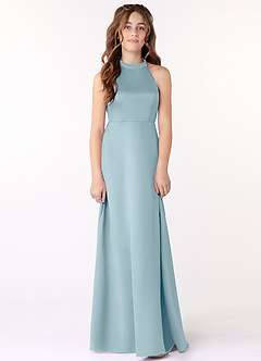 Azazie Laurel Junior Moody Blue A-Line Stretch Satin Dress image1