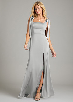 Azazie Frostine Vestidos de damas de honor Vestido de Plata de Satén Elástico de Corte en A con Lazo image4