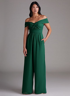 Azazie Lamara Bridesmaid Dresses Emerald Off the Shoulder Chiffon Convertible Jumpsuit image2