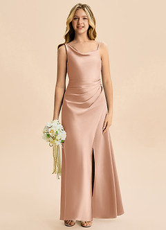 Azazie Abby Junior Robe Trapèze en Satin extensible Plissée Or Rose image4