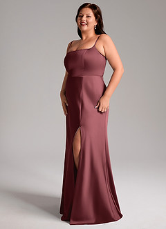 Azazie Lidia Jurken voor bruidsmeisjes Jurk van Stretch Satijn met Zeemeermin Zijsplit Merlot image11