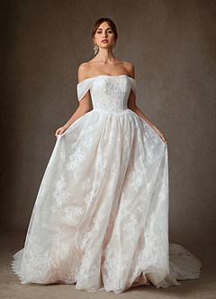 Azazie Justice Wedding Dresses Diamond White Champagne Ball-Gown Off the Shoulder Lace Dress image1