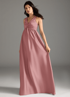 Azazie Yetta Maternity Bridesmaid Dresses A-Line Pleated Stretch Satin Floor-Length Dress image6