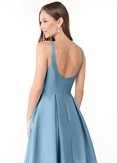 Azazie Neve Jurken voor bruidsmeisjes Jurk van Stretch Satijn met Baljurk met Zakken Staal Blauw image6