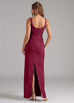 Azazie Kenna At-home Try On Dresses Burgundy Sheath Side Slit Floral Burnout Dress image2