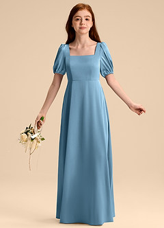 Azazie Briar Junior Abito A-Line in Raso Elasticizzato Fiocco Blu Acciaio image5