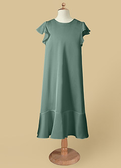 Azazie Sweet Pea Flower Girl Dresses Eucalyptus A-Line Ruched Stretch Satin Dress image5