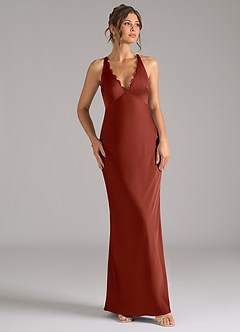 Azazie Tianna At-home Try On Dresses Terracotta A-Line Stretch Satin Dress image6