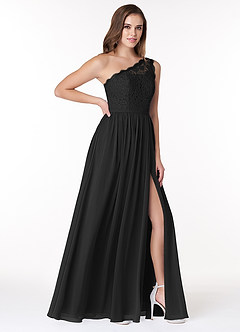 Azazie Demi Vestidos de damas de honor Vestido de Negro de Gasa de Corte en A con Hombro unilateral image4