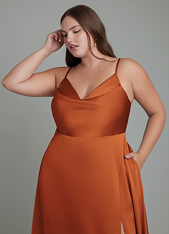 Azazie Sarella Bridesmaid Dresses Cinnamon A-Line Pleated Stretch Satin Dress image9
