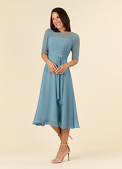 Azazie Naomi Abiti per la Madre della Sposa Abito A-Line in Chiffon Plissettato con Scollo a Barca Blu Lunatico image3