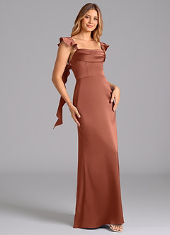 Azazie Adi Bridesmaid Dresses Auburn A-Line Pleated Stretch Satin Dress image3