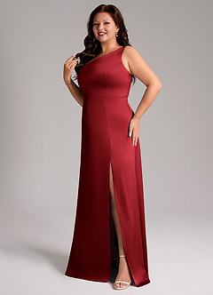 Azazie Phaedra Bridesmaid Dresses Scarlet A-Line One Shoulder Stretch Satin Dress image5